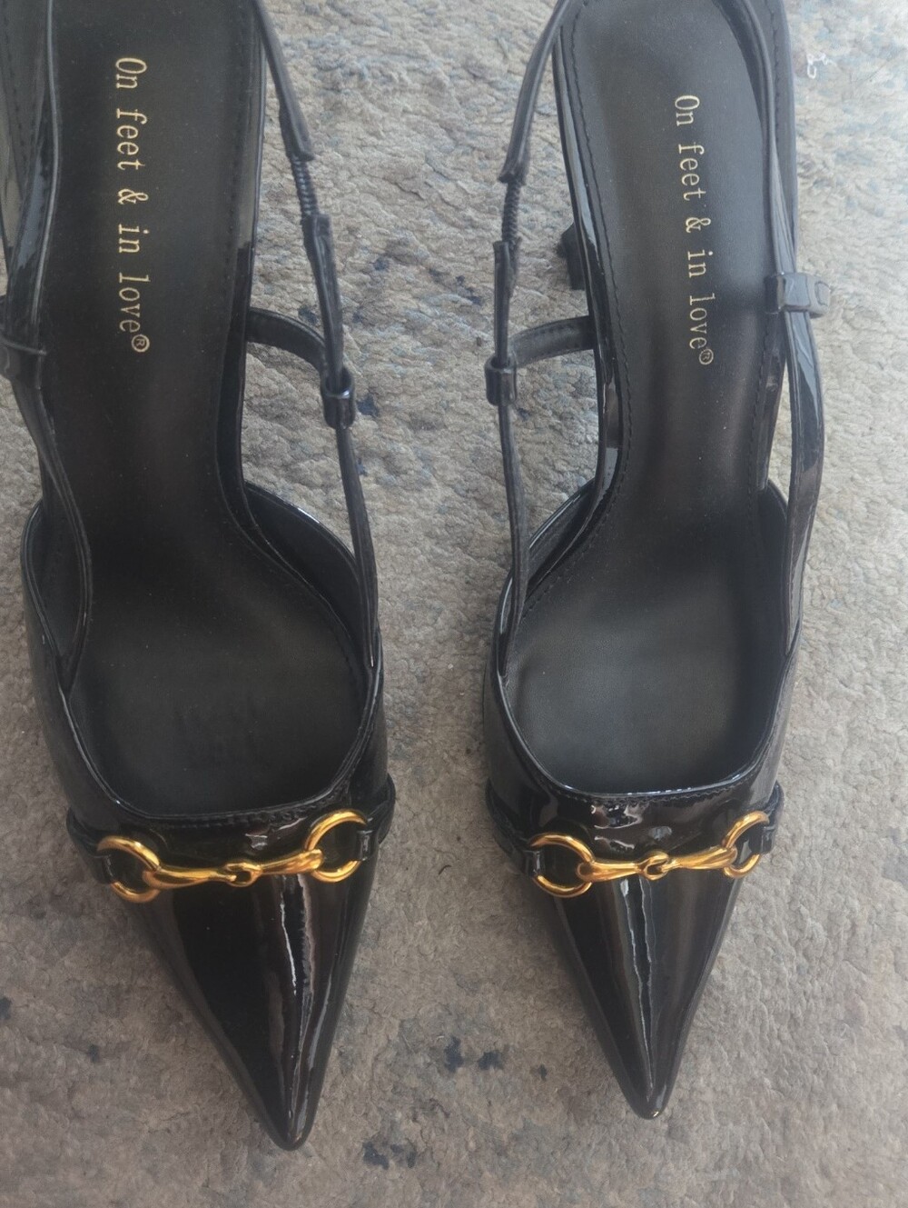 On Feet & In Love Black Patent Slingback Heels with Gold Chain